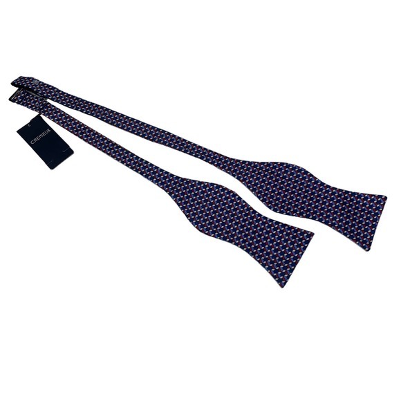 CREMIEUX Navy Blue & Red Hex Geometric Print Silk Bow Tie - NWT - Picture 3 of 5